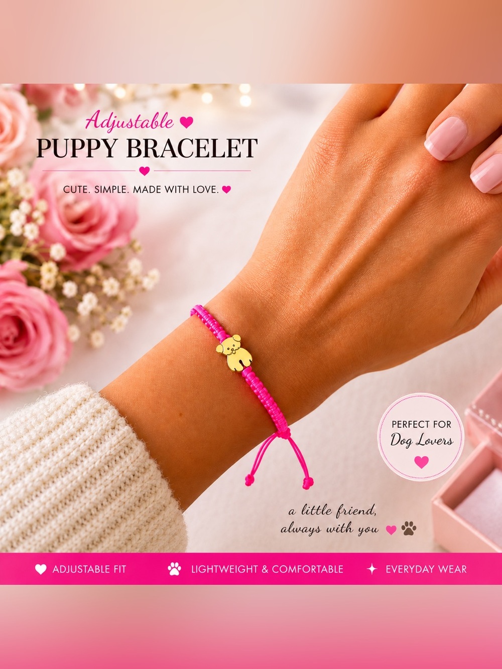 Gold Puppy Neon pink String Bracelet | Adjustable Lucky Friendship Bracelet 💗